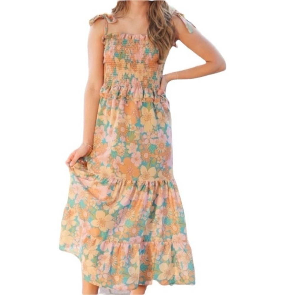 SundayUp Midi Dress Size Large Floral Shoulder Ties